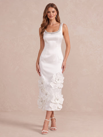 Ivory Sheath Tea Length Satin Wedding Guest Dresses Square Neck Cocktail Dresses