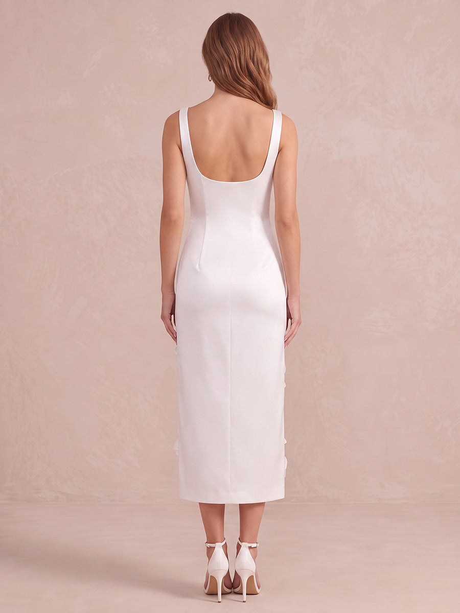 Ivory Sheath Tea Length Satin Wedding Guest Dresses Square Neck Cocktail Dresses