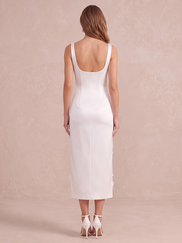 Ivory Sheath Tea Length Satin Wedding Guest Dresses Square Neck Cocktail Dresses