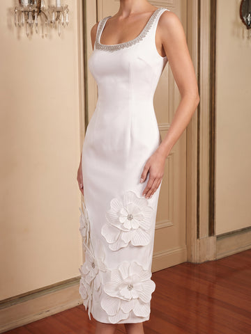 Ivory Sheath Tea Length Satin Wedding Guest Dresses Square Neck Cocktail Dresses