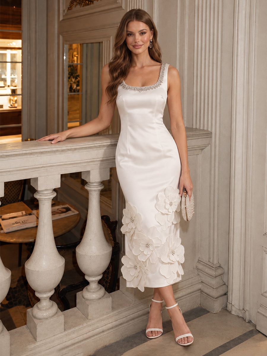 Ivory Sheath Tea Length Satin Wedding Guest Dresses Square Neck Cocktail Dresses