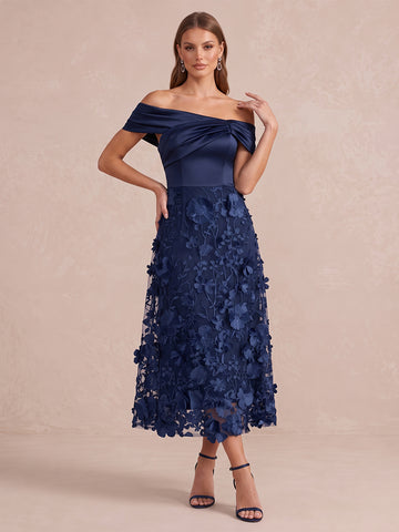 Navy Blue Off Shoulder Wedding Guest Dresses A Line 3D Floral Tulle Tea Length Cocktail Gowns