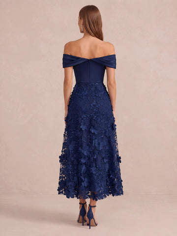 Navy Blue Off Shoulder Wedding Guest Dresses A Line 3D Floral Tulle Tea Length Cocktail Gowns