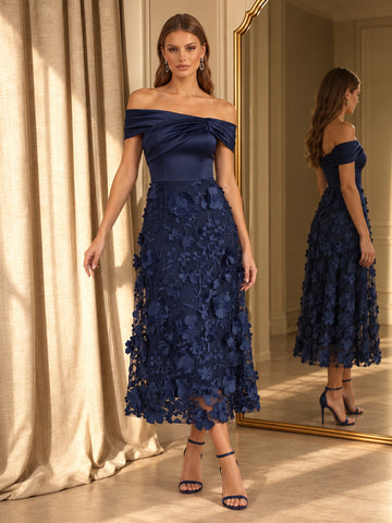 Navy Blue Off Shoulder Wedding Guest Dresses A Line 3D Floral Tulle Tea Length Cocktail Gowns
