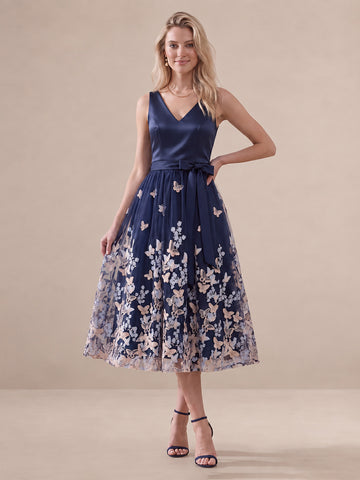 Navy Blue A Line Midi Satin Tulle Wedding Guest Dresses V Neck Cocktail Dresses
