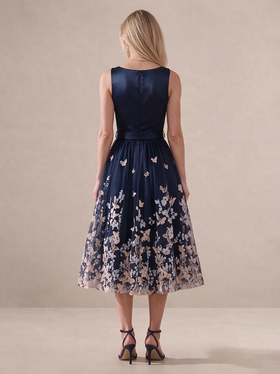 Navy Blue A Line Midi Satin Tulle Wedding Guest Dresses V Neck Cocktail Dresses