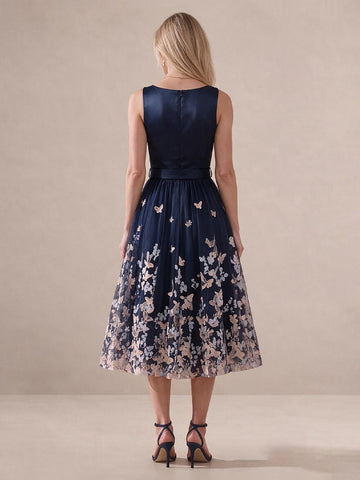 Navy Blue A Line Midi Satin Tulle Wedding Guest Dresses V Neck Cocktail Dresses
