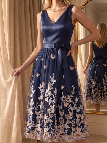 Navy Blue A Line Midi Satin Tulle Wedding Guest Dresses V Neck Cocktail Dresses