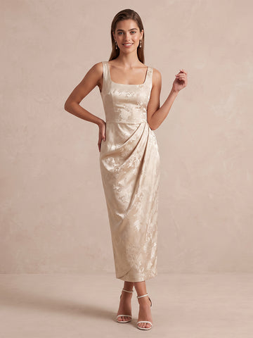 Champagne Sheath Ankle Length Jacquard Satin Wedding Guest Dresses Square Neck Cocktail Dresses