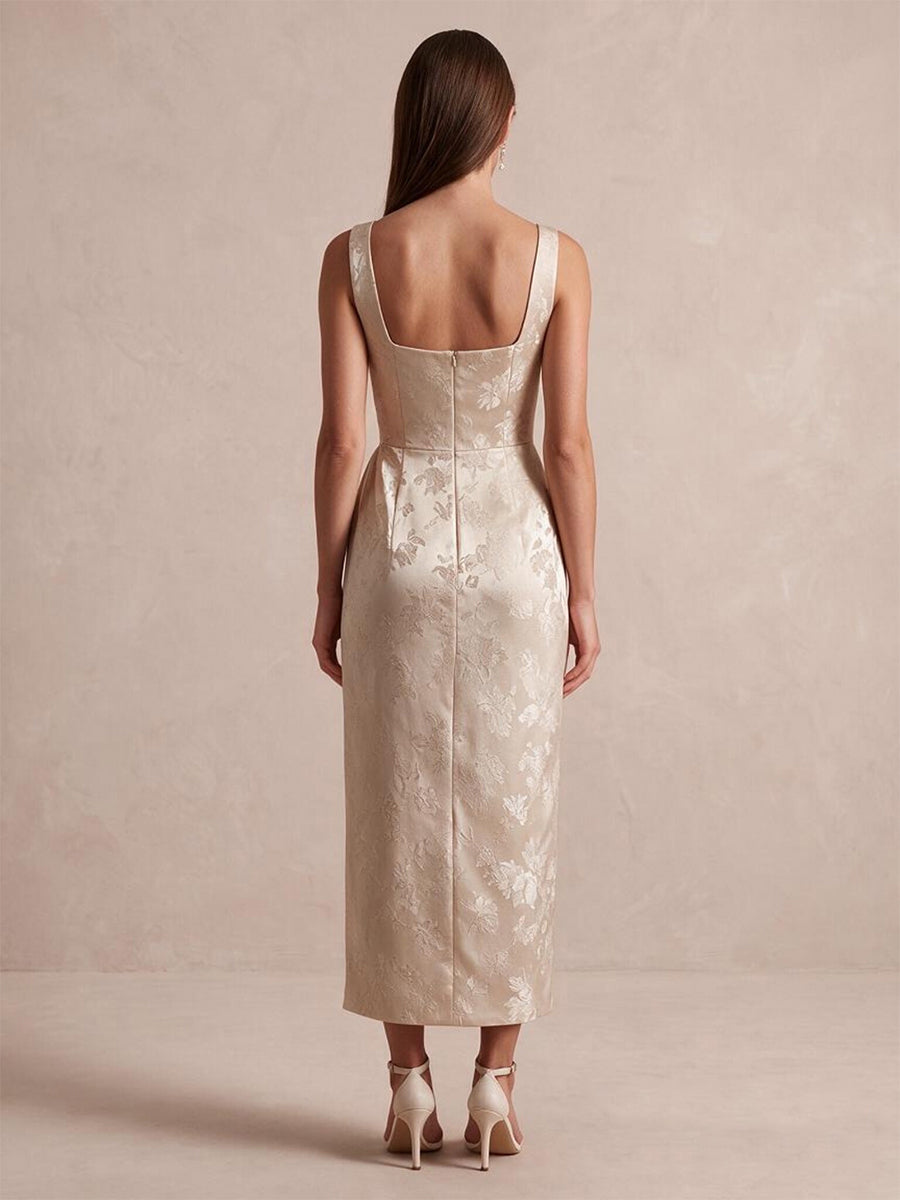 Champagne Sheath Ankle Length Jacquard Satin Wedding Guest Dresses Square Neck Cocktail Dresses
