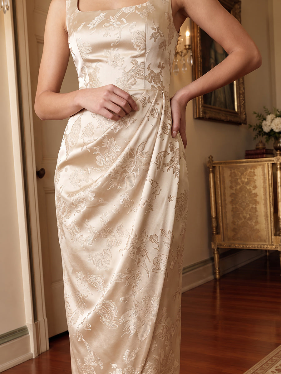 Champagne Sheath Ankle Length Jacquard Satin Wedding Guest Dresses Square Neck Cocktail Dresses