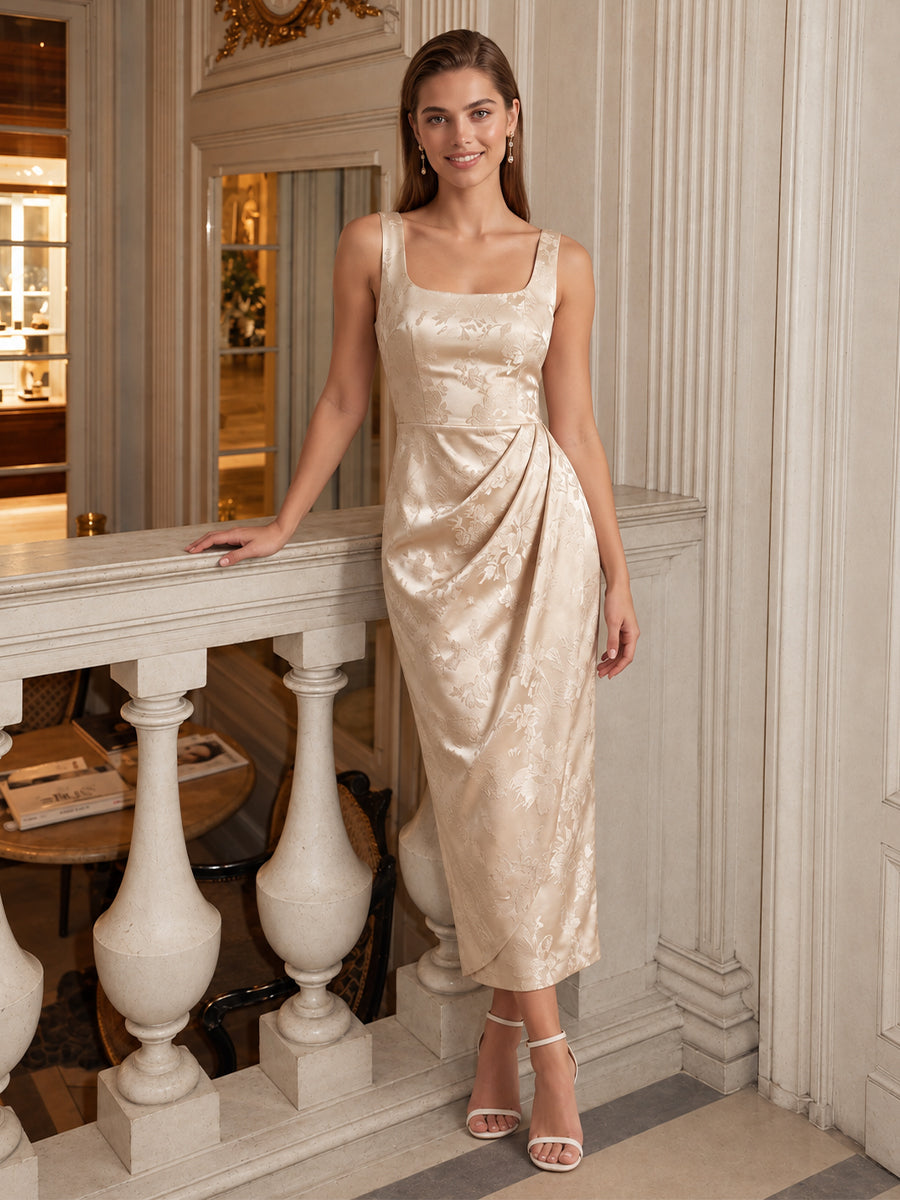 Champagne Sheath Ankle Length Jacquard Satin Wedding Guest Dresses Square Neck Cocktail Dresses