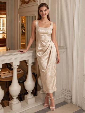 Champagne Sheath Ankle Length Jacquard Satin Wedding Guest Dresses Square Neck Cocktail Dresses