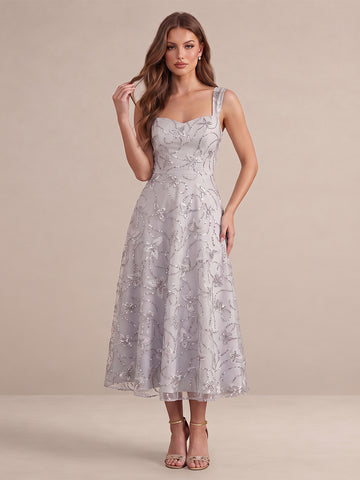 Light Silver A Line Tea Length Tulle Wedding Guest Dresses Sweetheart Neck Cocktail Dresses
