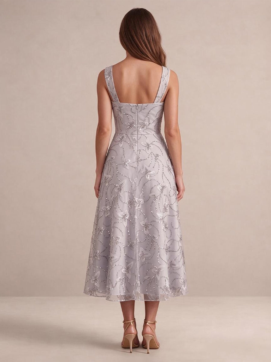 Light Silver A Line Tea Length Tulle Wedding Guest Dresses Sweetheart Neck Cocktail Dresses