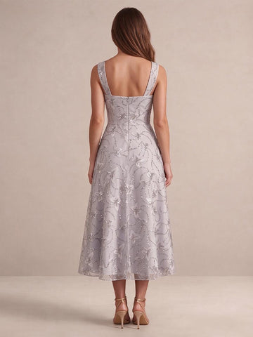 Light Silver A Line Tea Length Tulle Wedding Guest Dresses Sweetheart Neck Cocktail Dresses