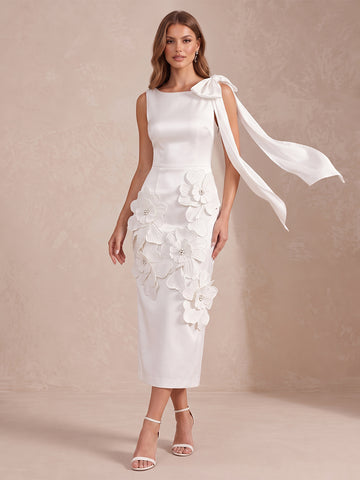 Ivory Sheath Tea Length Satin Wedding Guest Dresses Boat Neck Cocktail Dresses