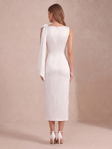 Ivory Sheath Tea Length Satin Wedding Guest Dresses Boat Neck Cocktail Dresses