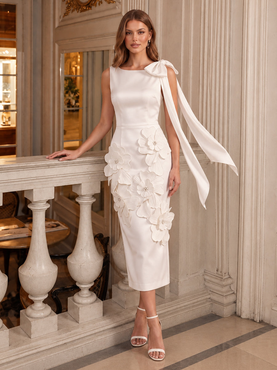 Ivory Sheath Tea Length Satin Wedding Guest Dresses Boat Neck Cocktail Dresses