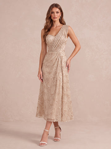 Champagne A Line Tea Length Tulle Wedding Guest Dresses One Shoulder Cocktail Dresses