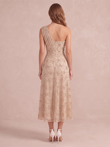 Champagne A Line Tea Length Tulle Wedding Guest Dresses One Shoulder Cocktail Dresses