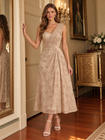 Champagne A Line Tea Length Tulle Wedding Guest Dresses One Shoulder Cocktail Dresses