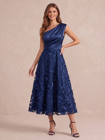 Navy Blue One Shoulder Wedding Guest Dresses A Line 3D Floral Tulle Tea Length Cocktail Dresses