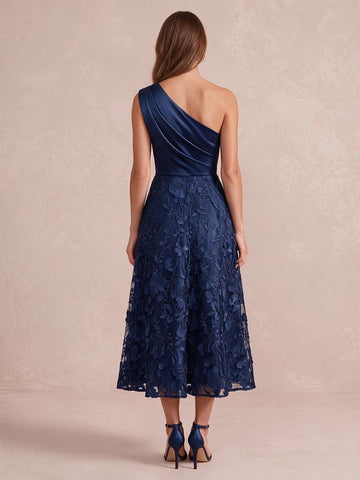 Navy Blue One Shoulder Wedding Guest Dresses A Line 3D Floral Tulle Tea Length Cocktail Dresses Plus Size