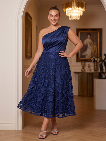 Navy Blue One Shoulder Wedding Guest Dresses A Line 3D Floral Tulle Tea Length Cocktail Dresses Plus Size