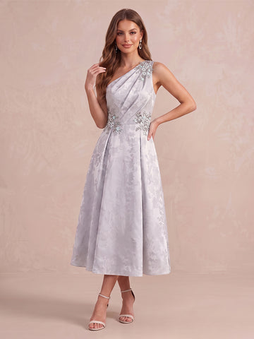 Silver A Line Midi Jacquard Wedding Guest Dresses One Shoulder Cocktail Dresses