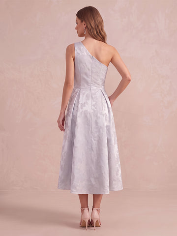 Silver A Line Midi Jacquard Wedding Guest Dresses One Shoulder Cocktail Dresses