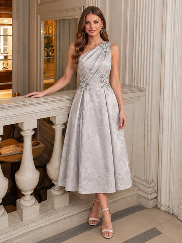 Silver A Line Midi Jacquard Wedding Guest Dresses One Shoulder Cocktail Dresses