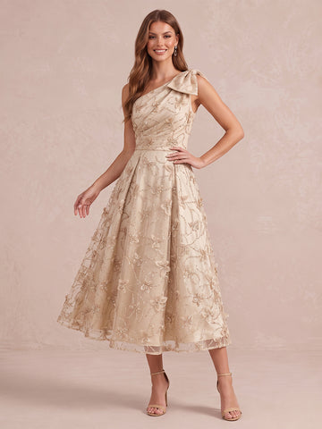 Champagne A Line Tea Length Tulle Wedding Guest Dresses One Shoulder Cocktail Dresses