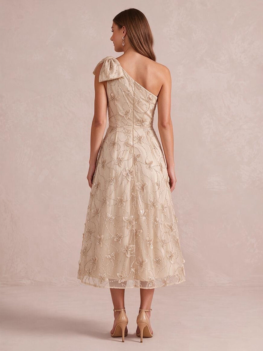 Champagne A Line Tea Length Tulle Wedding Guest Dresses One Shoulder Cocktail Dresses