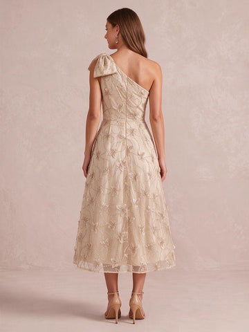 Champagne A Line Tea Length Tulle Wedding Guest Dresses One Shoulder Cocktail Dresses
