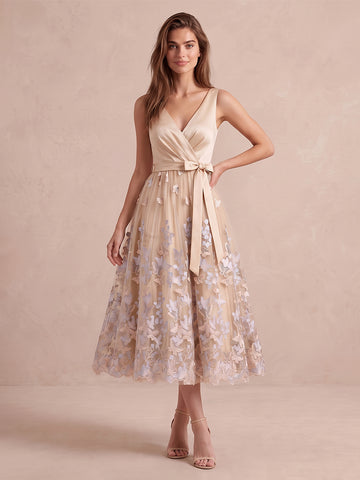 Champagne A Line Tea Length Satin Tulle Wedding Guest Dresses V Neck Cocktail Dresses
