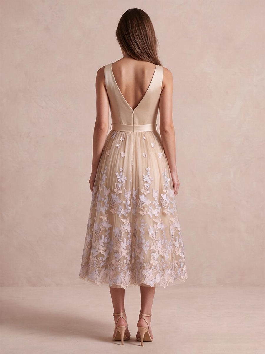 Champagne A Line Tea Length Satin Tulle Wedding Guest Dresses V Neck Cocktail Dresses