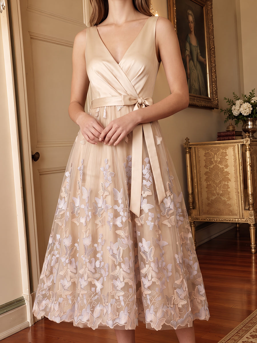 Champagne A Line Tea Length Satin Tulle Wedding Guest Dresses V Neck Cocktail Dresses