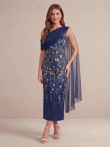 Navy Blue Sheath Ankle Length Tulle Wedding Guest Dresses One Shoulder Cocktail Dresses