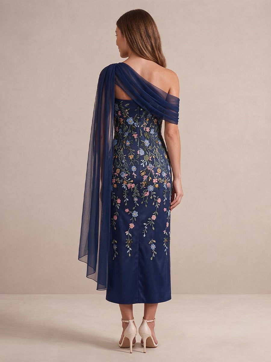 Navy Blue Sheath Ankle Length Tulle Wedding Guest Dresses One Shoulder Cocktail Dresses