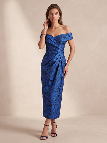 Royal Blue Sheath Ankle Length Jacquard Satin Wedding Guest Dresses Off Shoulder Cocktail Dresses