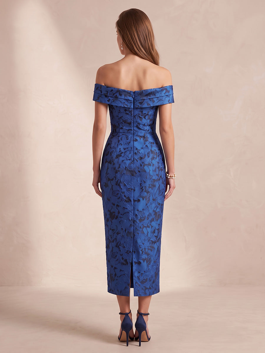 Royal Blue Sheath Ankle Length Jacquard Satin Wedding Guest Dresses Off Shoulder Cocktail Dresses