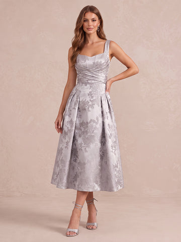Silver A Line Tea Length Jacquard Satin Wedding Guest Dresses Sweetheart Cocktail Dresses