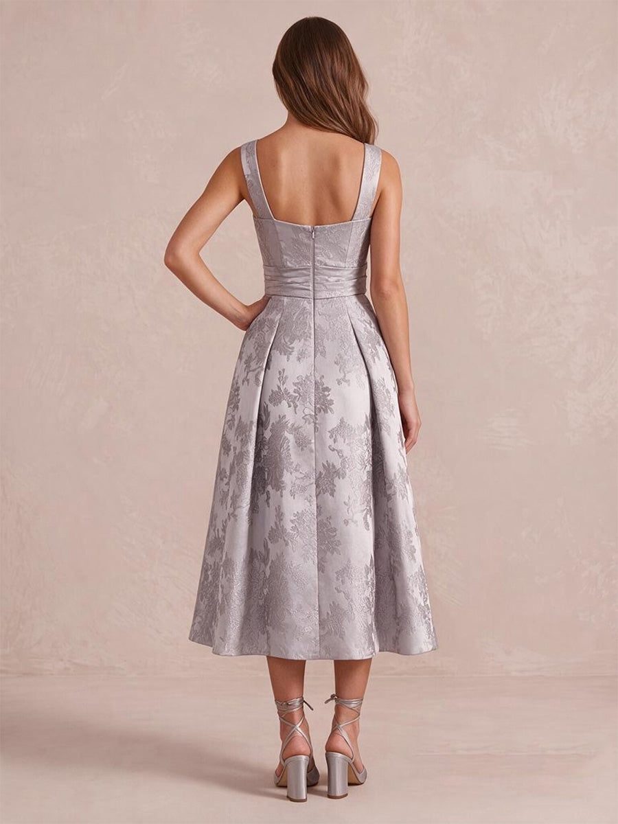 Silver A Line Tea Length Jacquard Satin Wedding Guest Dresses Sweetheart Cocktail Dresses