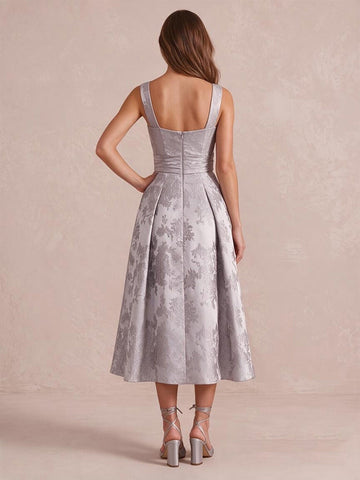 Silver A Line Tea Length Jacquard Satin Wedding Guest Dresses Sweetheart Cocktail Dresses