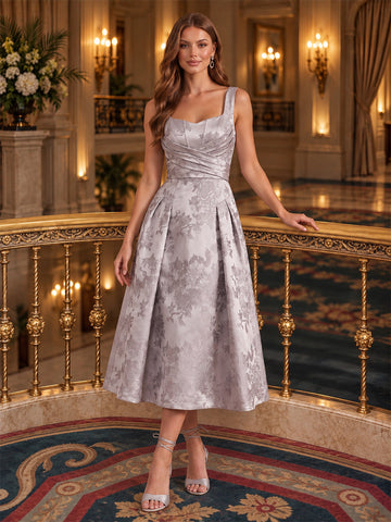 Silver A Line Tea Length Jacquard Satin Wedding Guest Dresses Sweetheart Cocktail Dresses