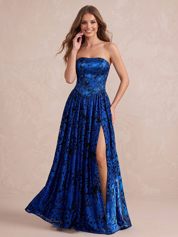 Royal Blue A Line Floor Length Jacquard Satin Wedding Guest Dresses Strapless Evening Dresses