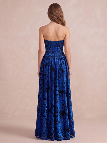 Royal Blue A Line Floor Length Jacquard Satin Wedding Guest Dresses Strapless Evening Dresses