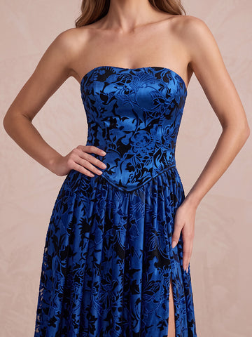 Royal Blue A Line Floor Length Jacquard Satin Wedding Guest Dresses Strapless Evening Dresses