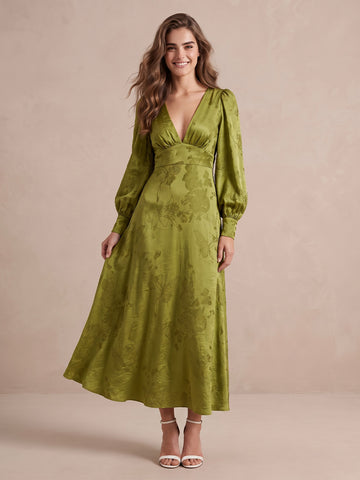 Olive Green A Line Ankle Length Jacquard Satin Wedding Guest Dresses V Neck Formal Dresses
